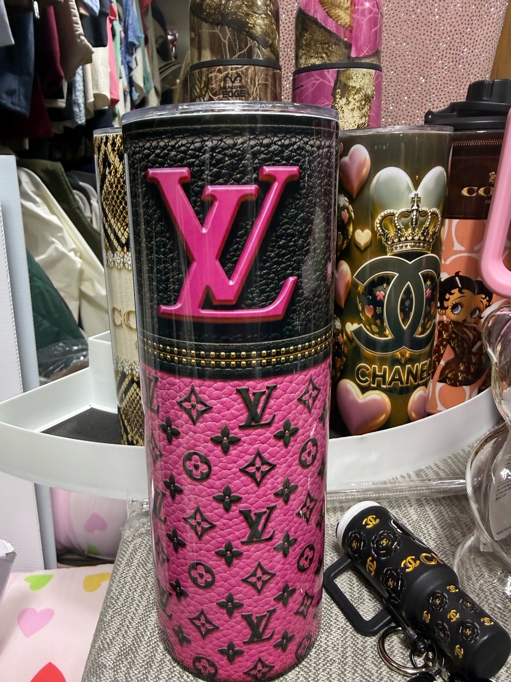 NEW Hot Pink and Black Travel Tumbler - Luxury Monogram Style